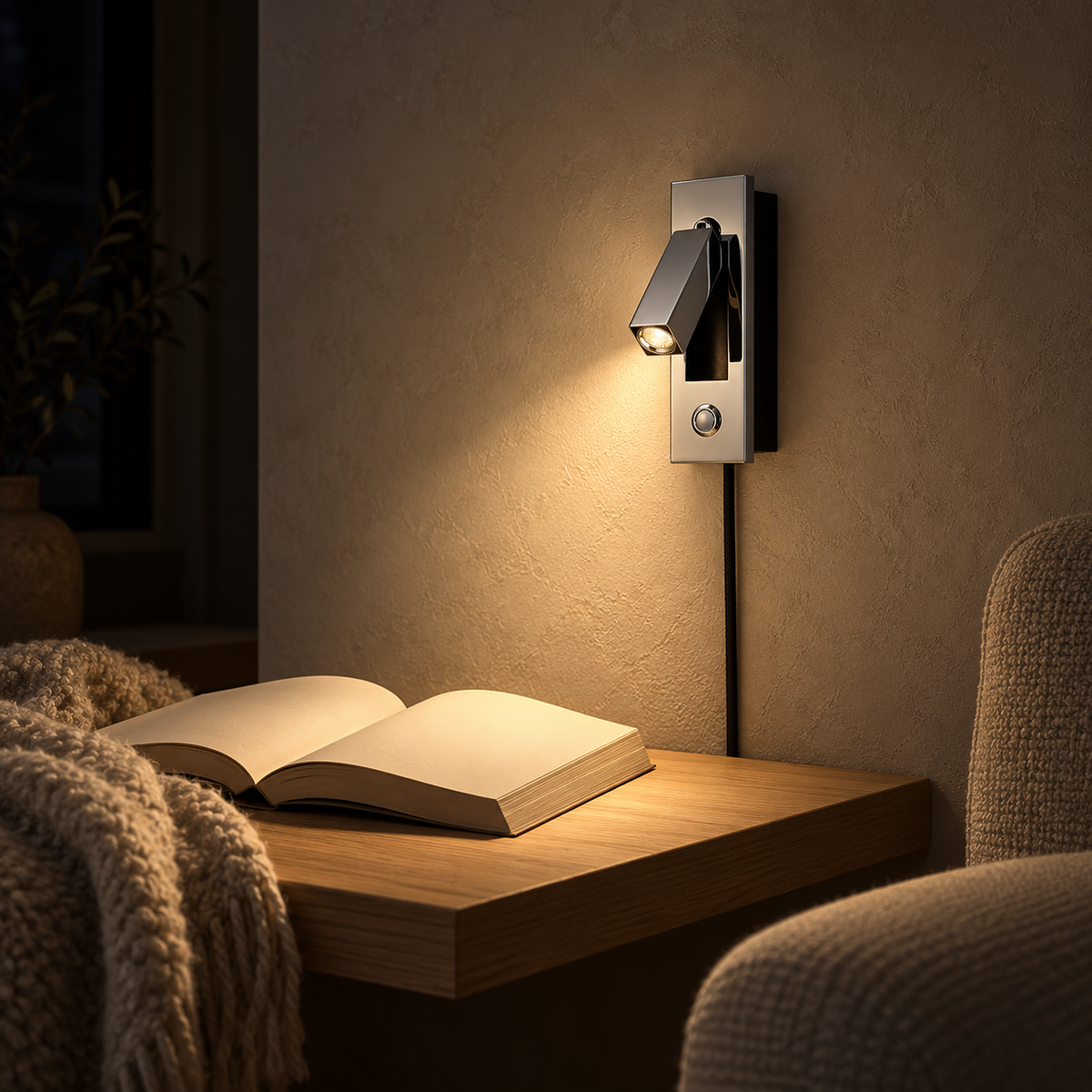 Saneviro black wall sconce casting 165 lumens onto a library book at night