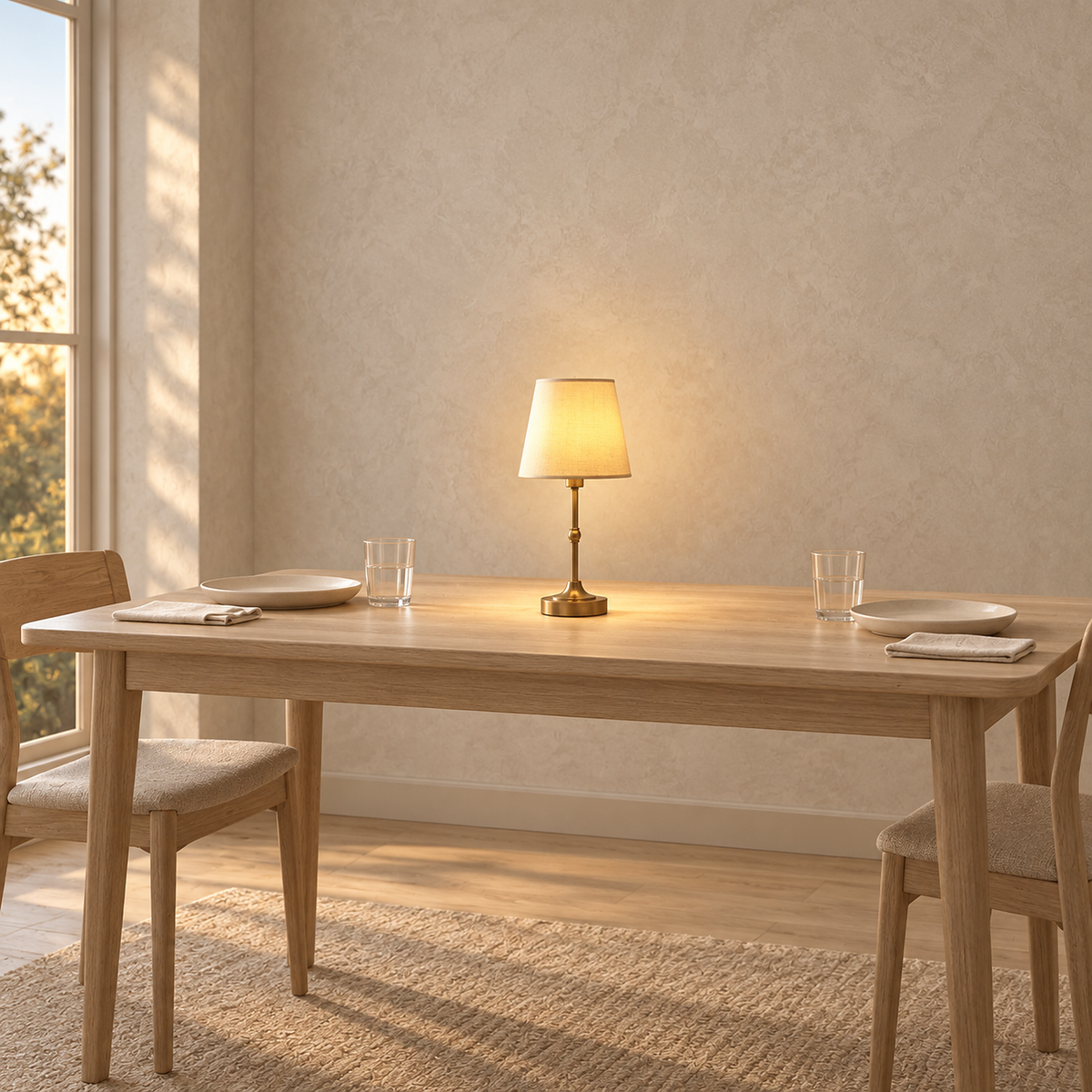 Sanovire gold and white battery operated table lamp centered on a dining table