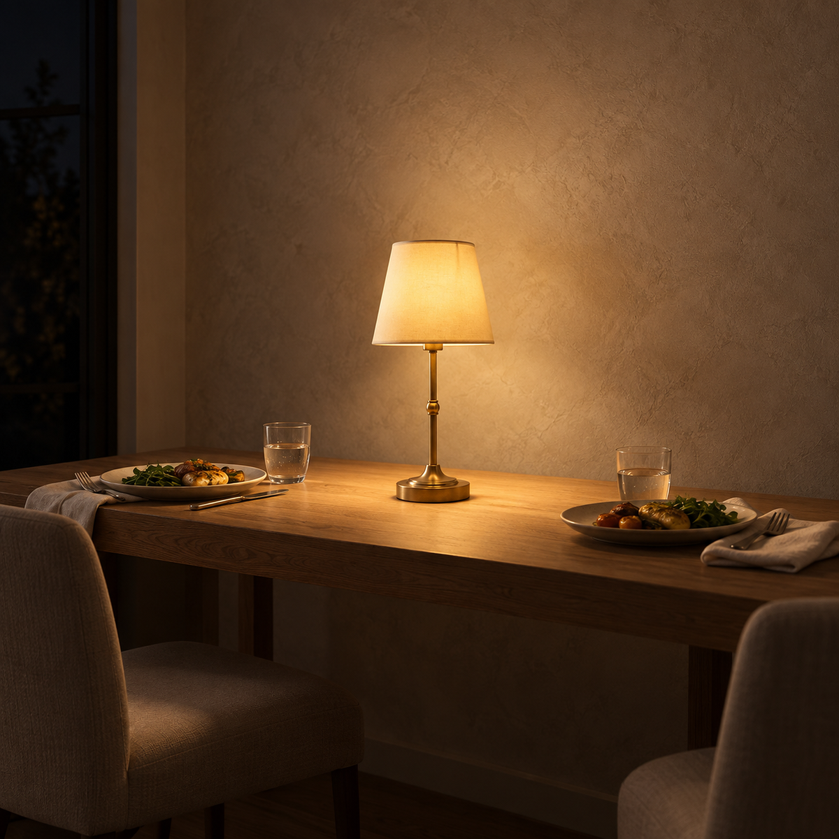 Sanovire gold and white battery operated table lamp lighting supper in a dark breakfast nook