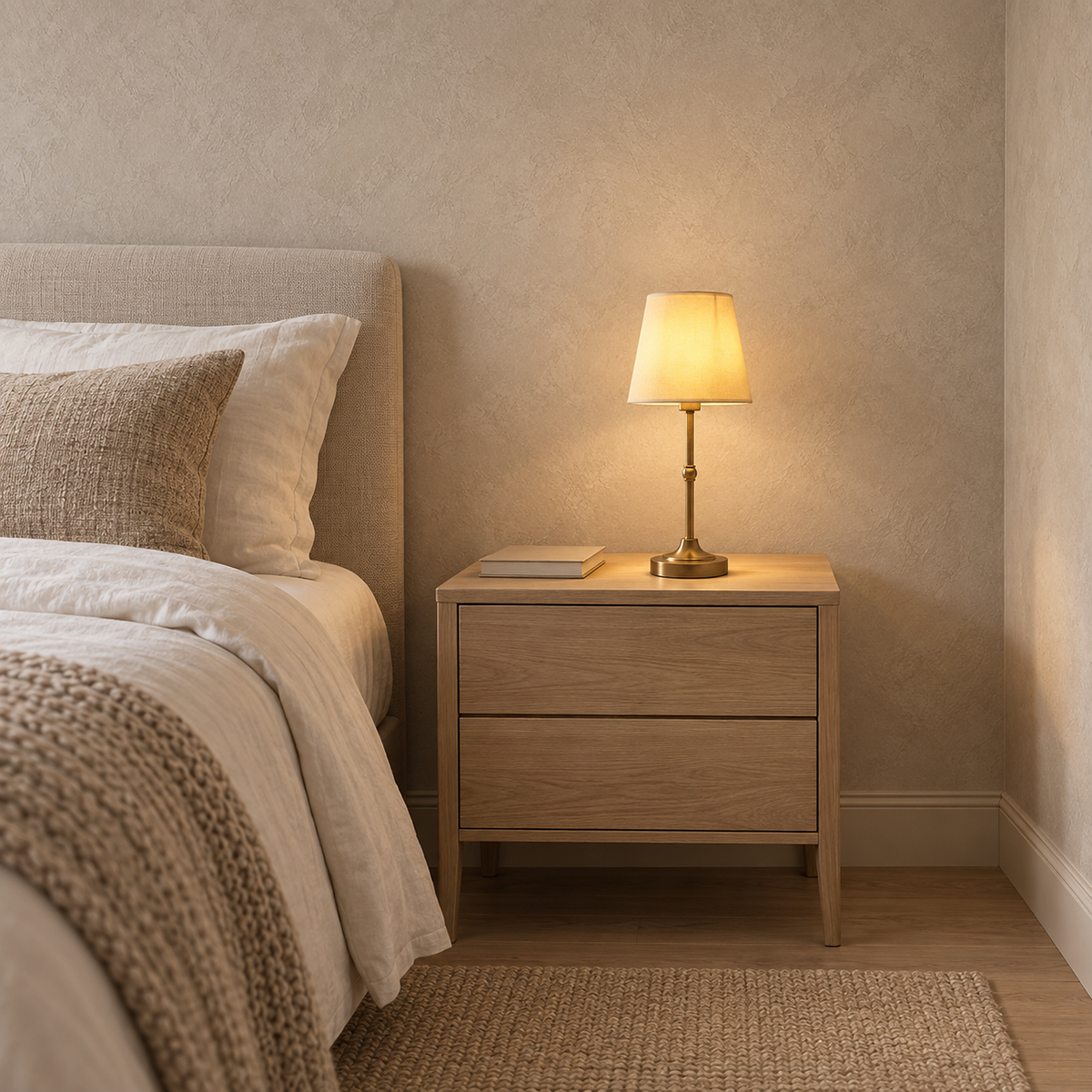 Sanovire gold and white bedside lamp standing on its weighted base in a bedroom