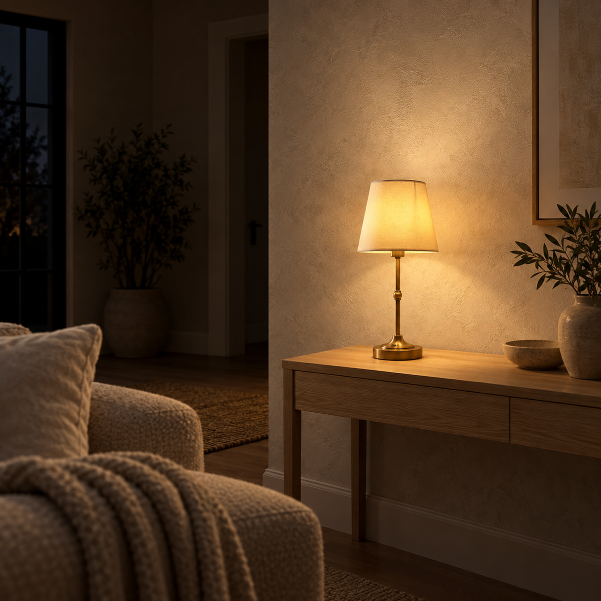 Sanovire gold and white cordless table lamp warming a living room after dark
