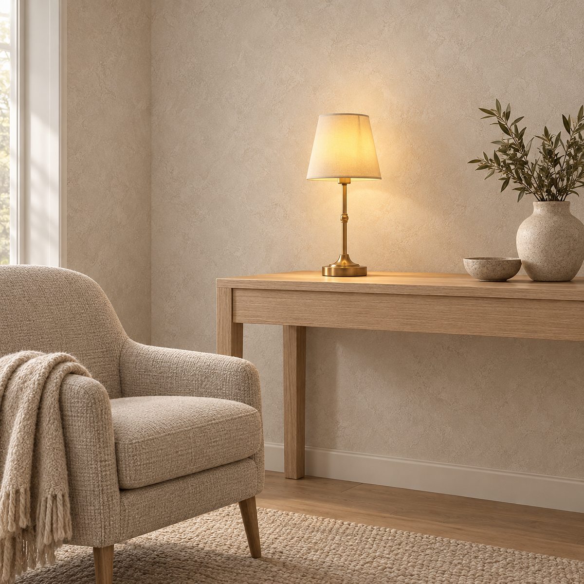 Sanovire gold and white table lamp lit beside a study chair in daylight