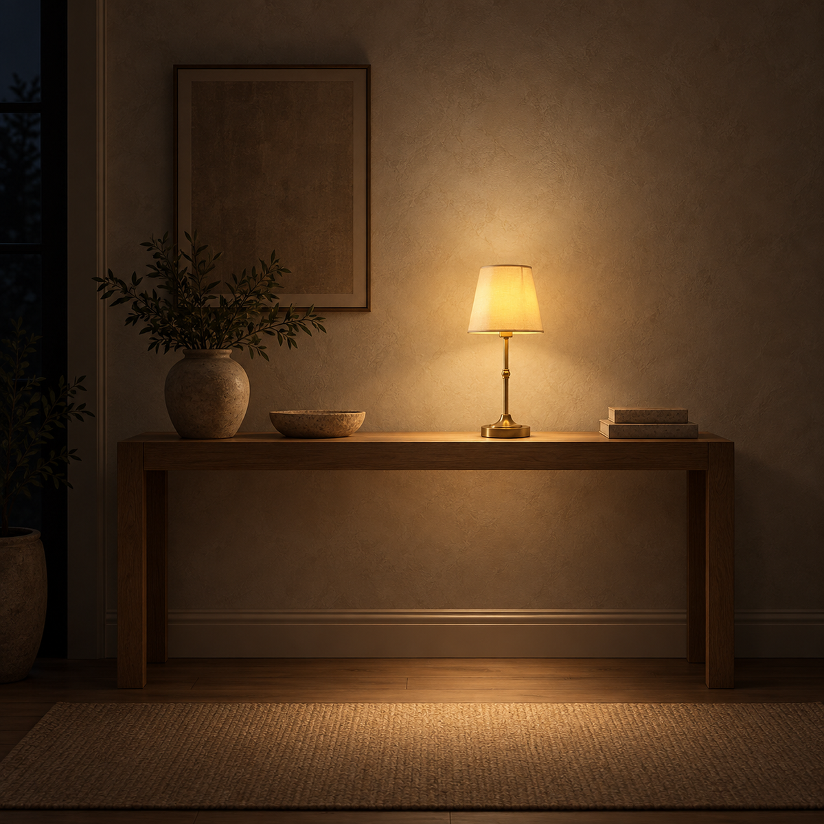 Sanovire gold and white portable table lamp lighting an entryway console at night