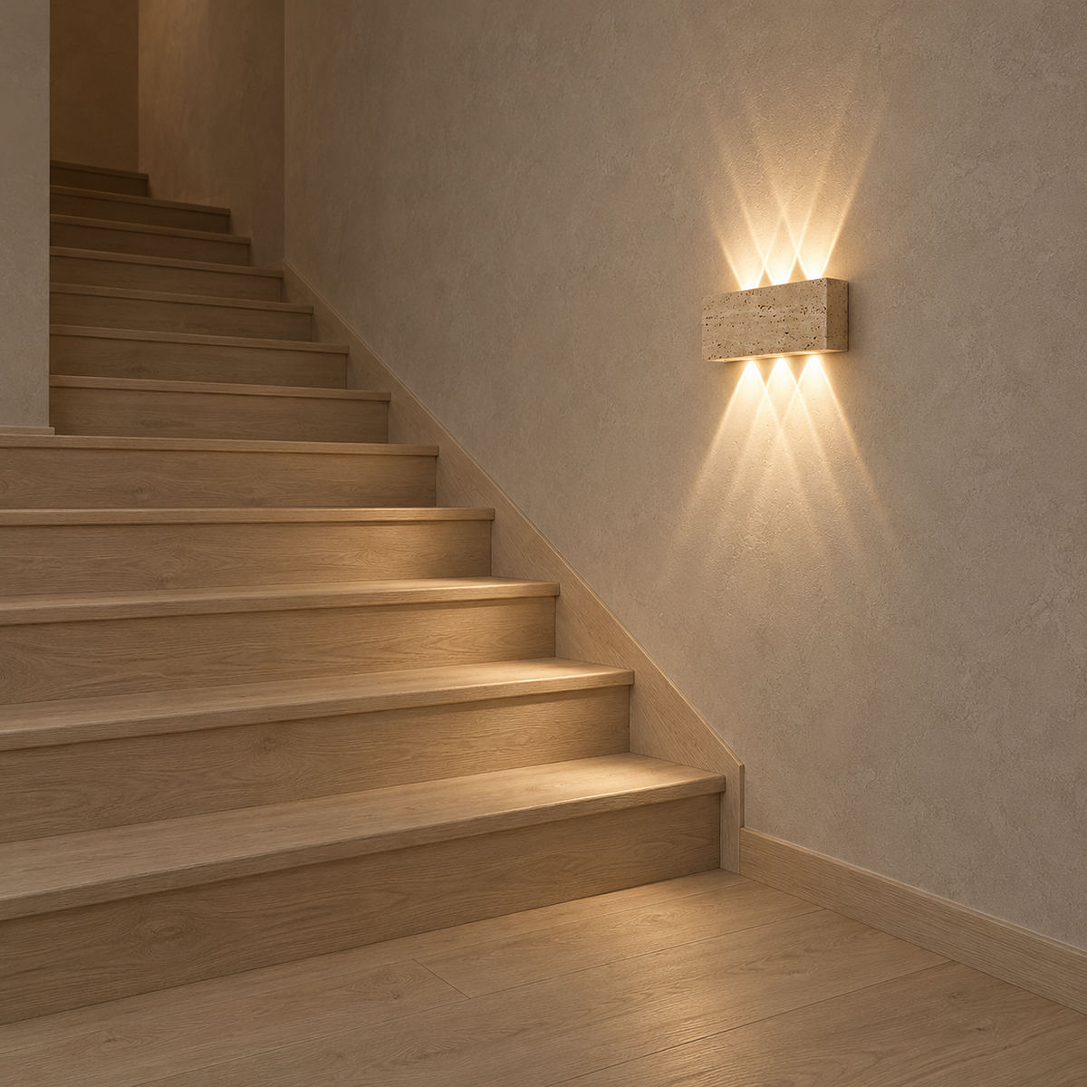 Sarivol beige stone hardwired wall sconce beside the stairs, shallow 5 cm deep profile on the wall