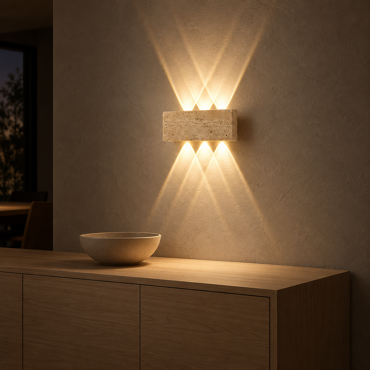 Sarivol beige stone LED wall sconce casting warm diamond beams across a dining room wall at night