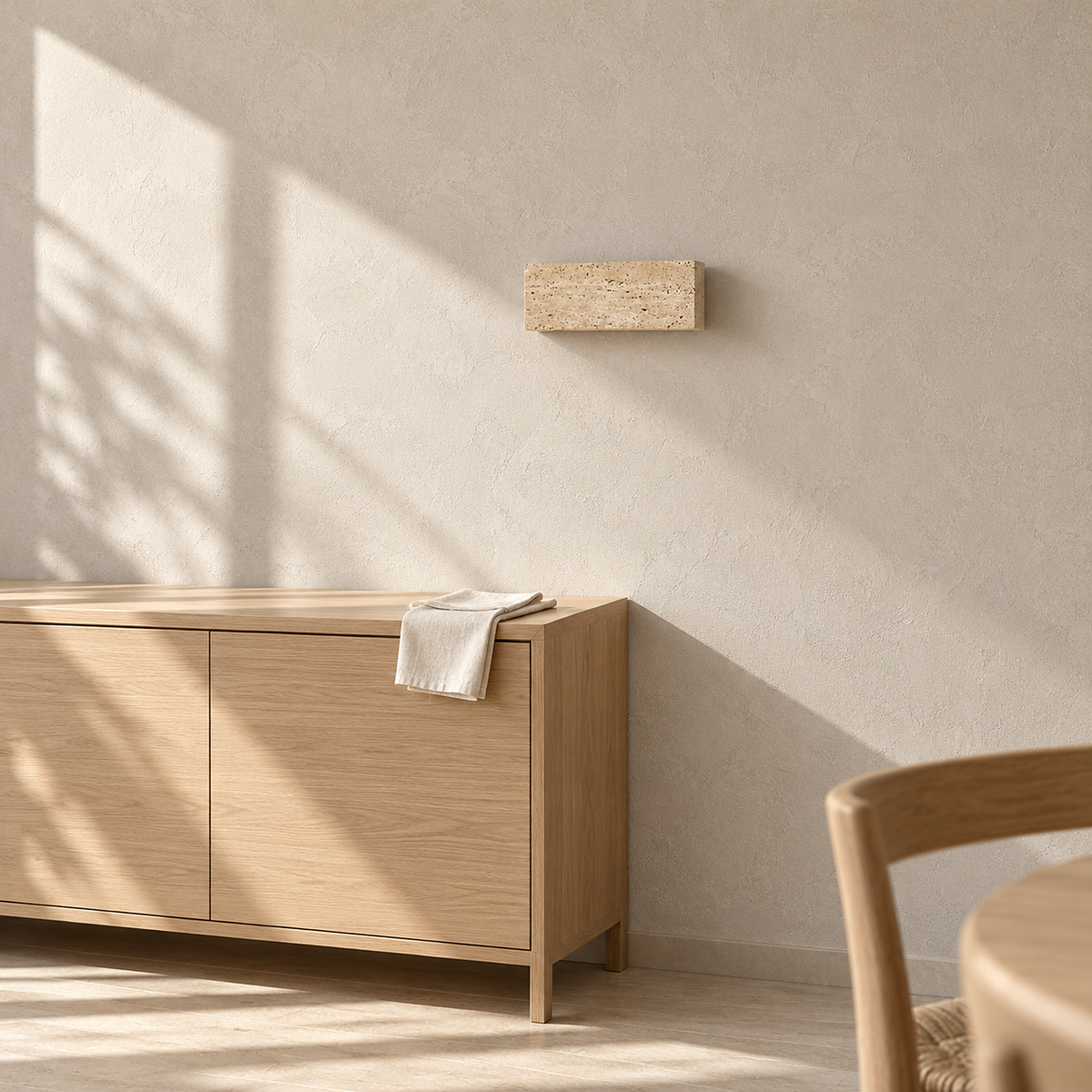 Sarivol beige stone wall sconce unlit above a sunlit sideboard in a bright dining room