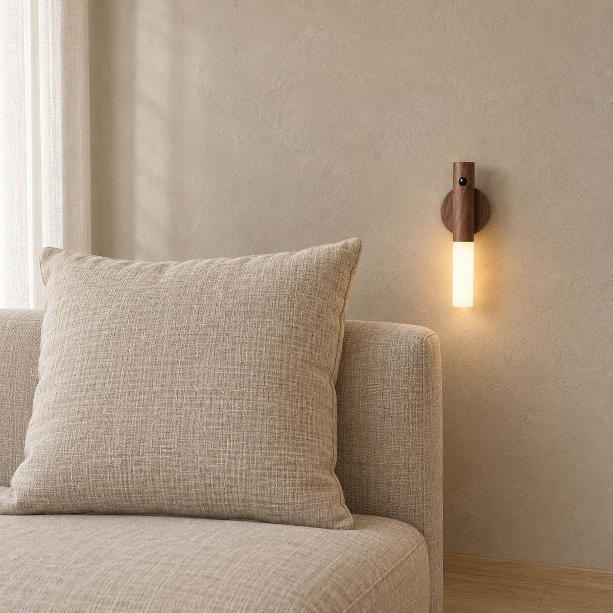 Sarloma dark wood battery operated wall sconce glowing beside a sofa cushion in daylight #color_dark wood
