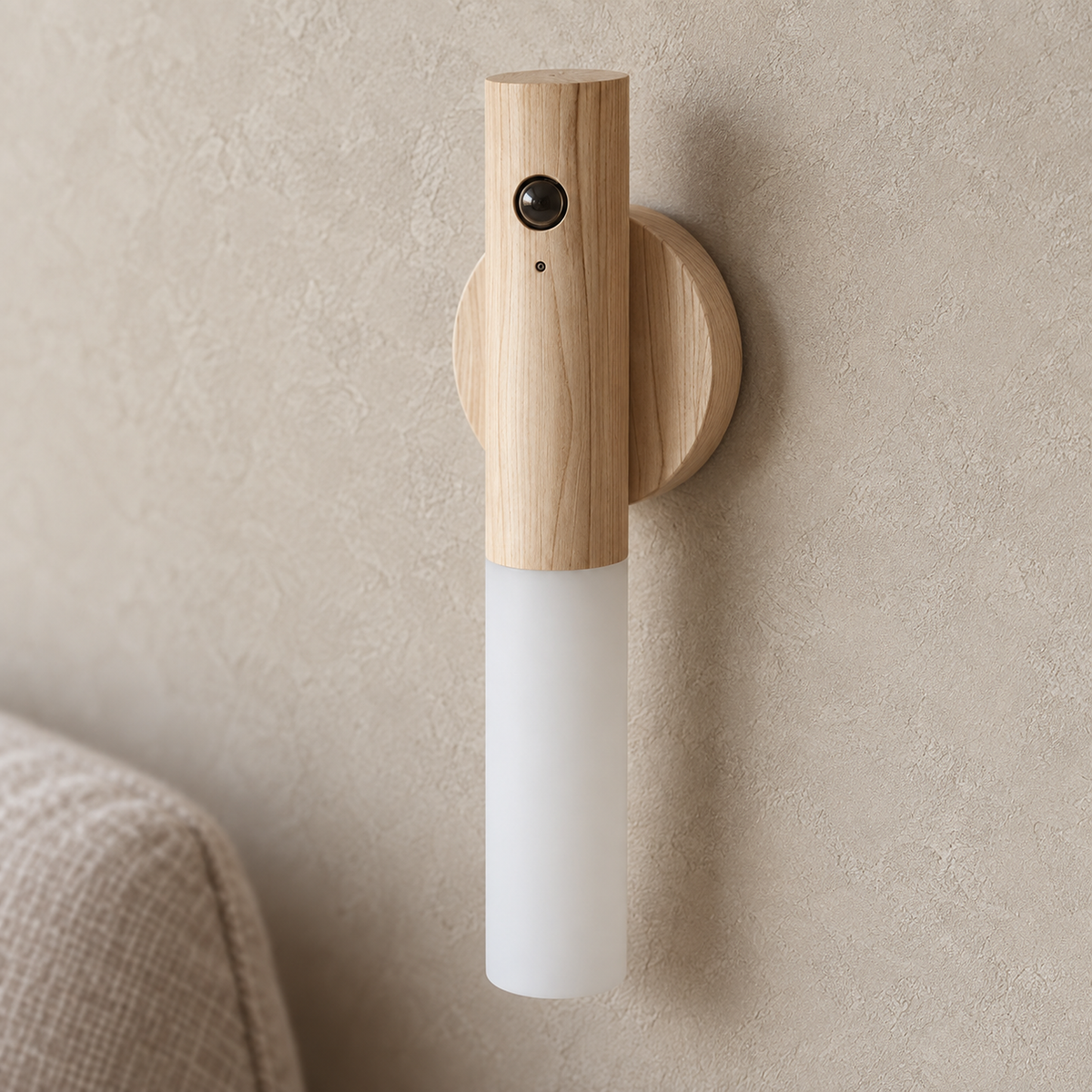 Sarloma light wood battery operated wall sconce close up showing the wood grain and diffuser