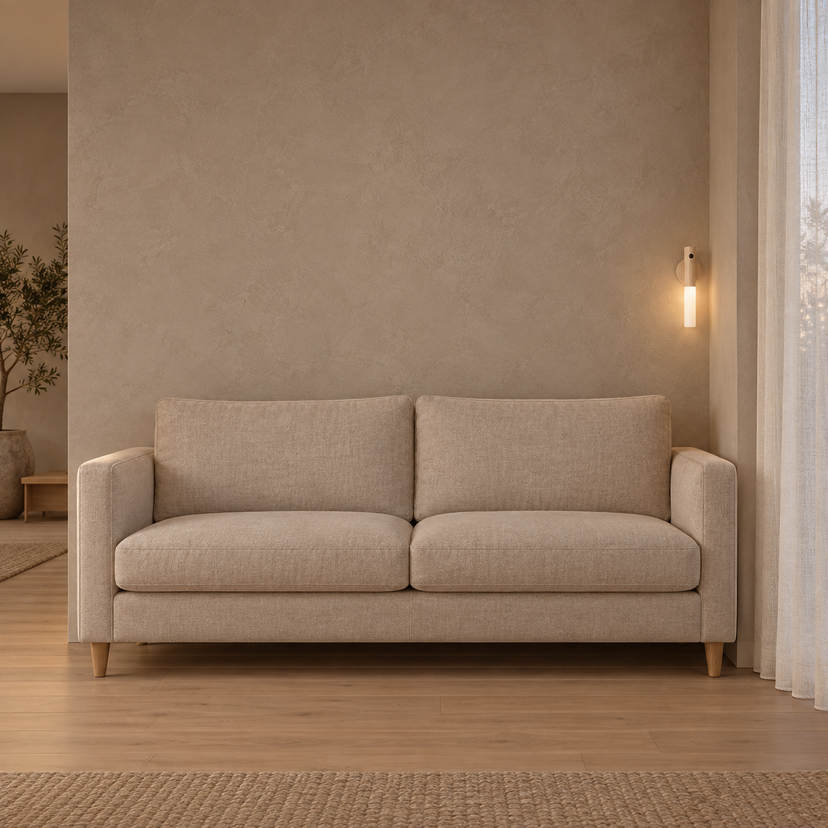 Sarloma light wood battery operated wall sconce glowing on a narrow wall strip beside a sofa