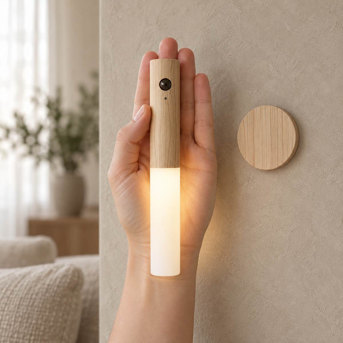 Sarloma light wood cordless wall lamp held in an open hand beside its round wall base
