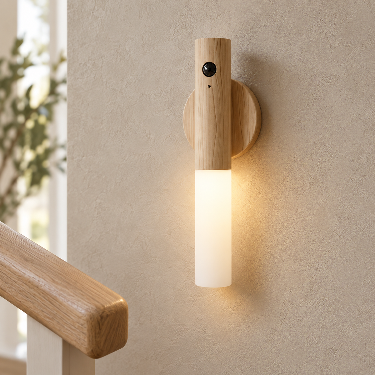 Sarloma light wood cordless wall lamp lit beside the handrail on a stair landing