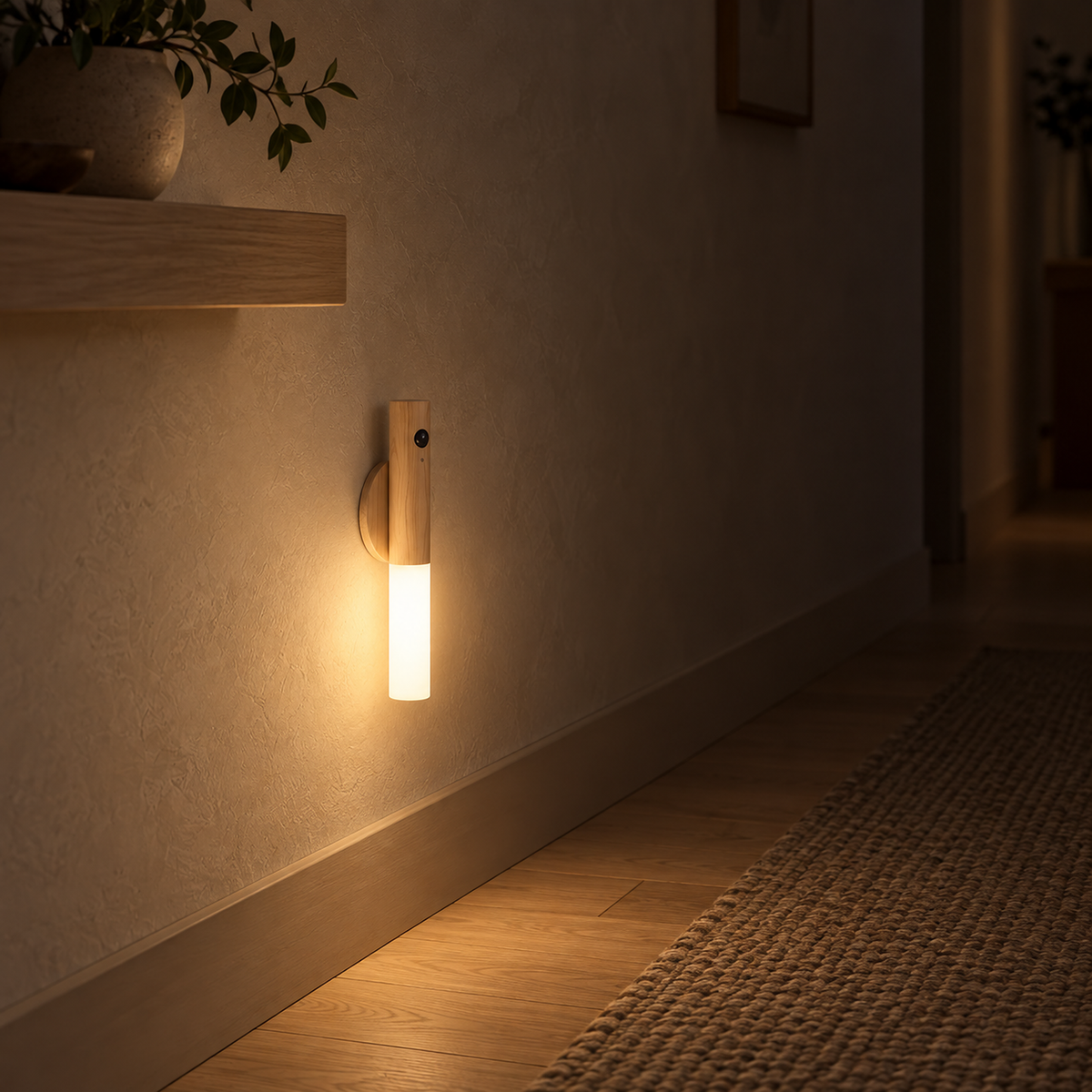 Sarloma light wood motion sensor wall sconce revealing the edge of a hallway at night