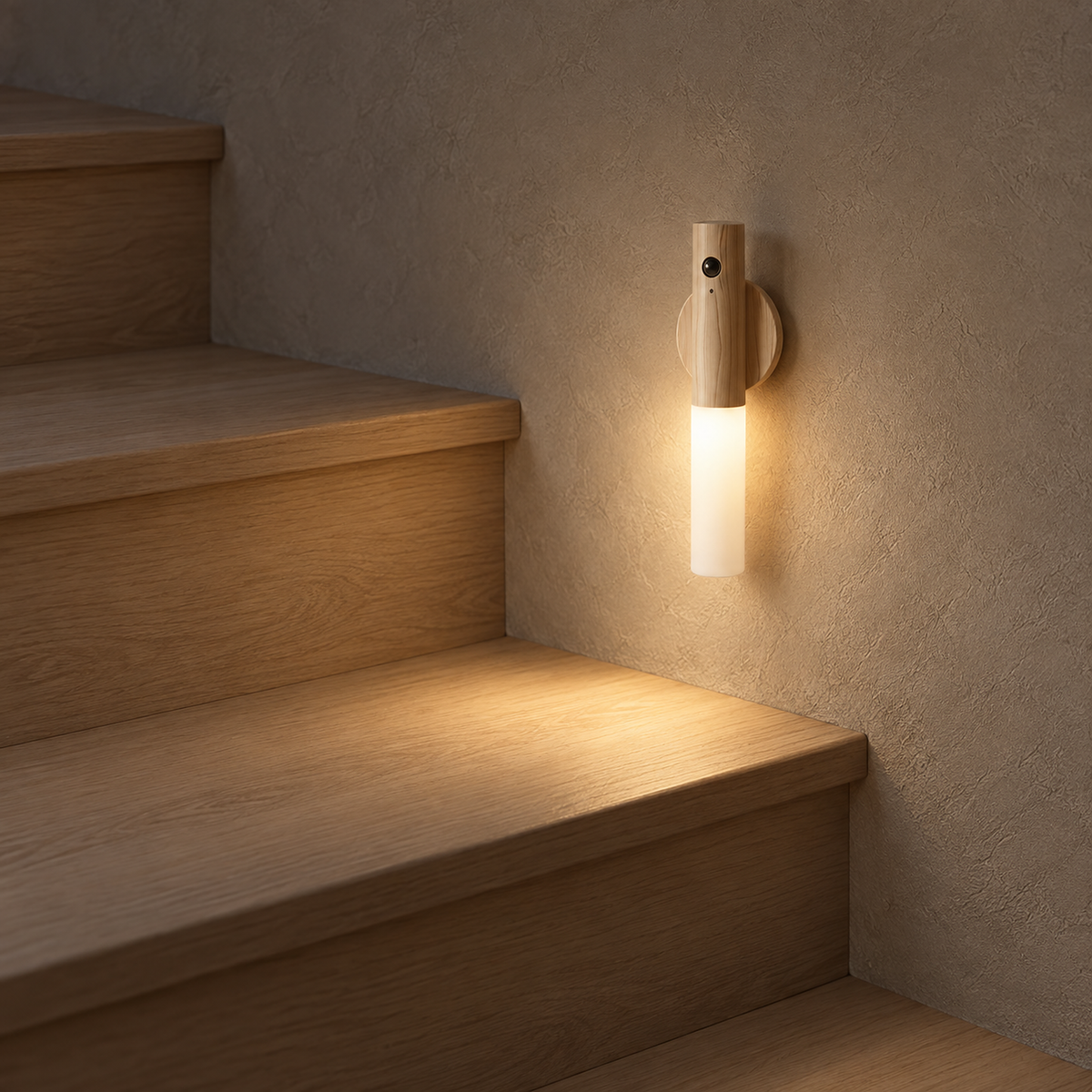 Sarloma light wood rechargeable wall sconce mounted low on a staircase wall lighting the steps