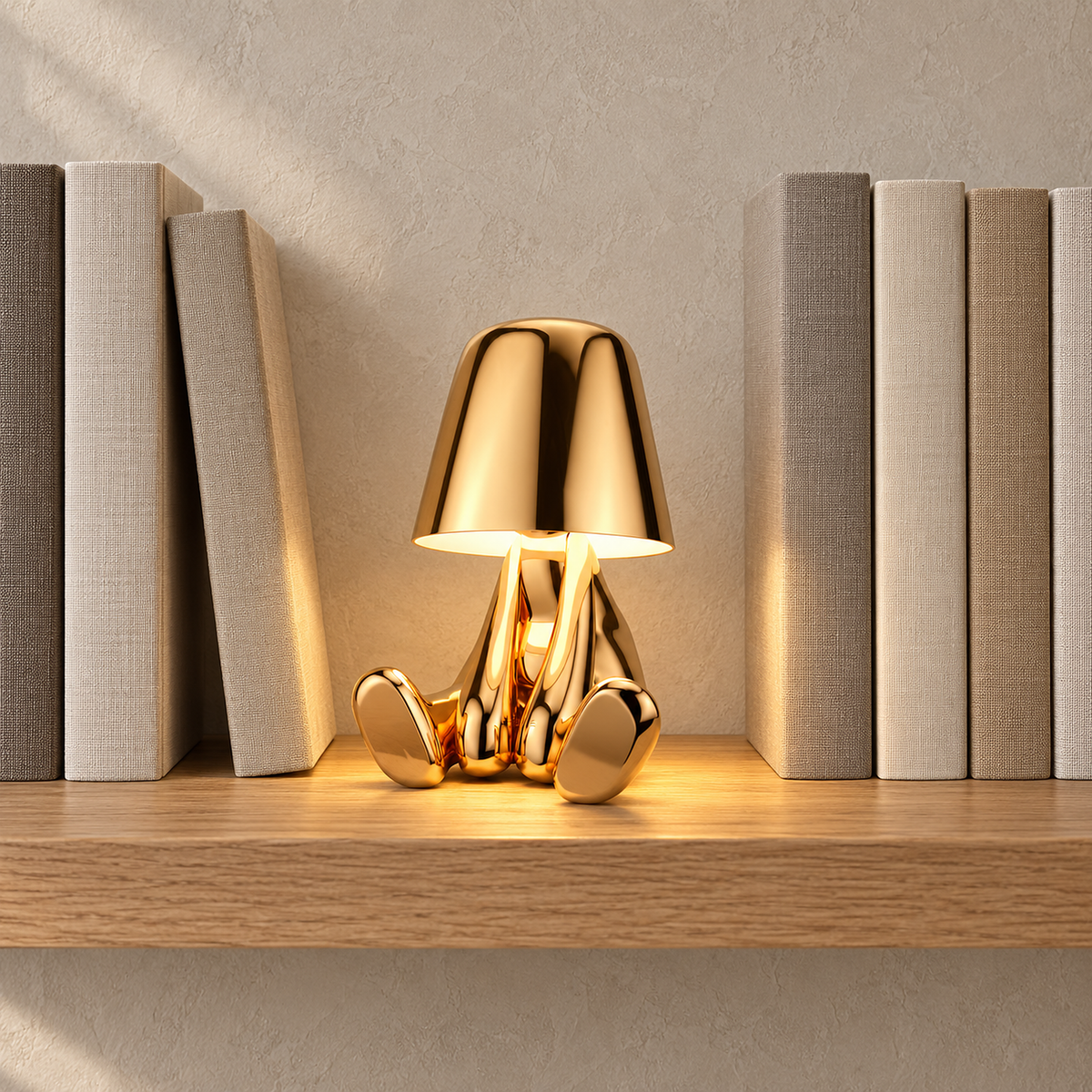 Sarovel gold portable table lamp glowing between plain books on a living room bookshelf