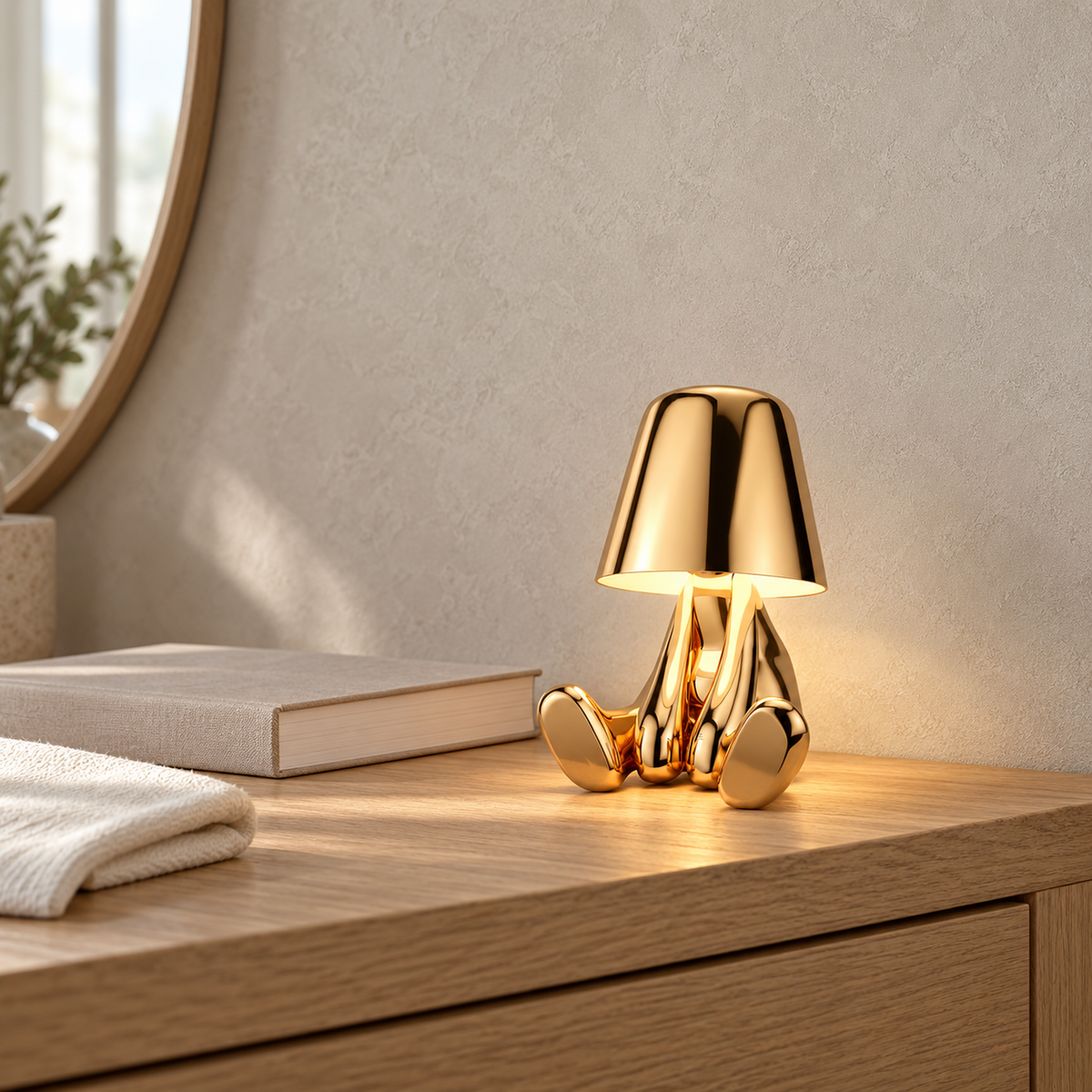 Sarovel gold rechargeable table lamp glowing beside a plain book on a dressing room surface in daylight