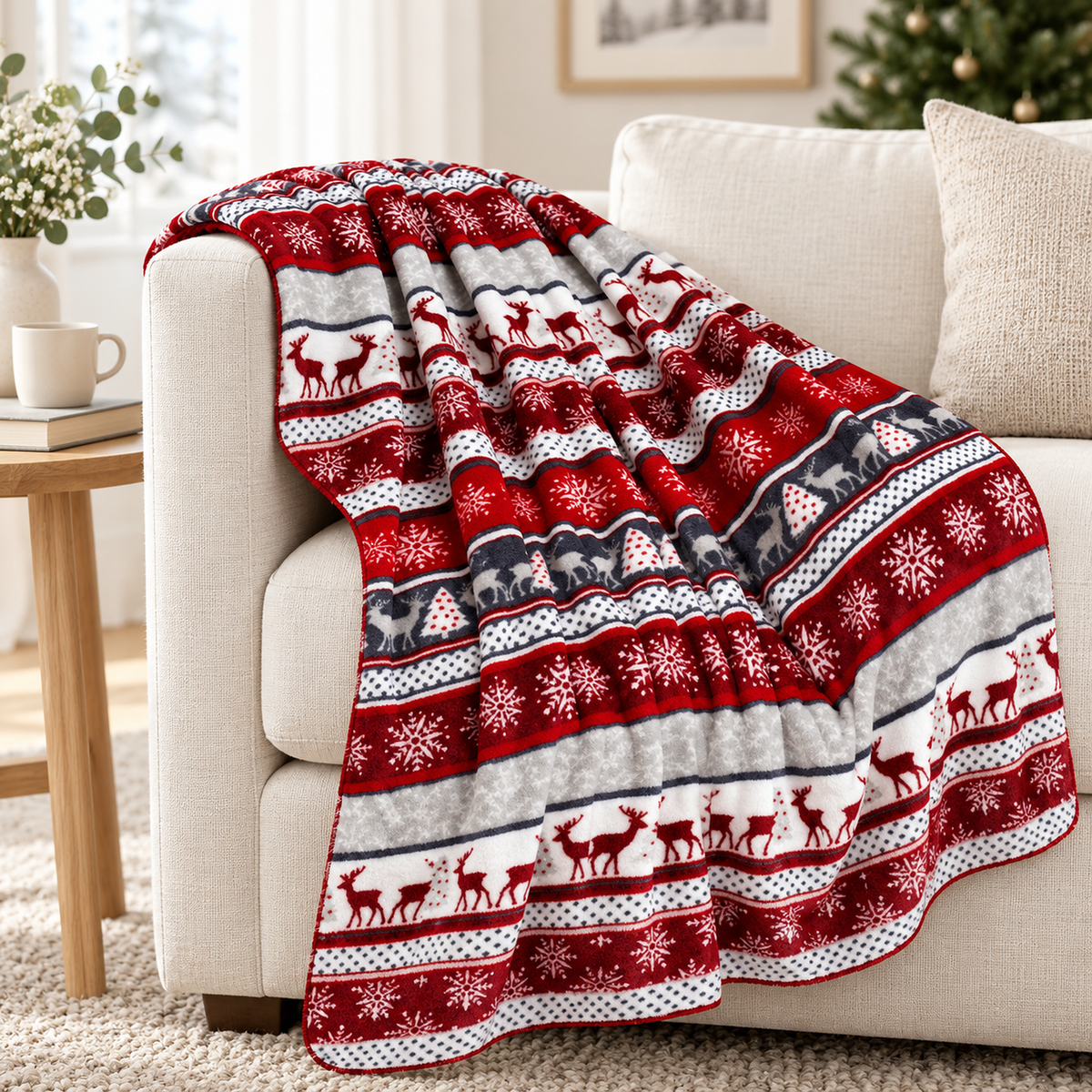 Savelmi red and white throw blanket for couch draped over a sofa arm in the main living room