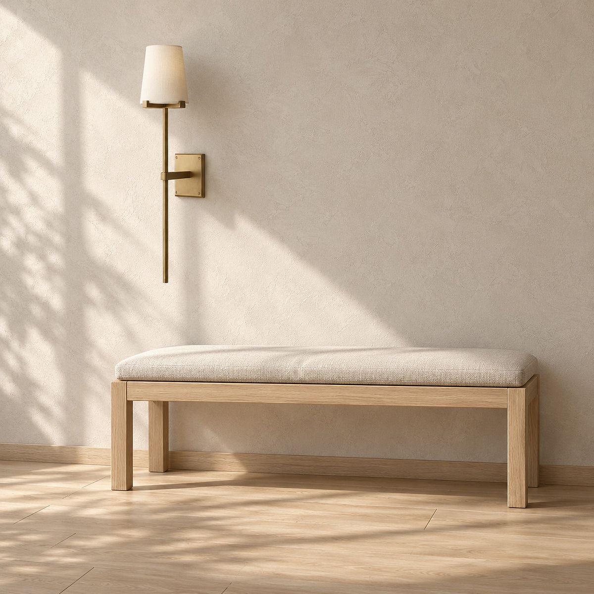 Savorel copper colored battery operated wall sconce, unlit above an entryway bench in daylight