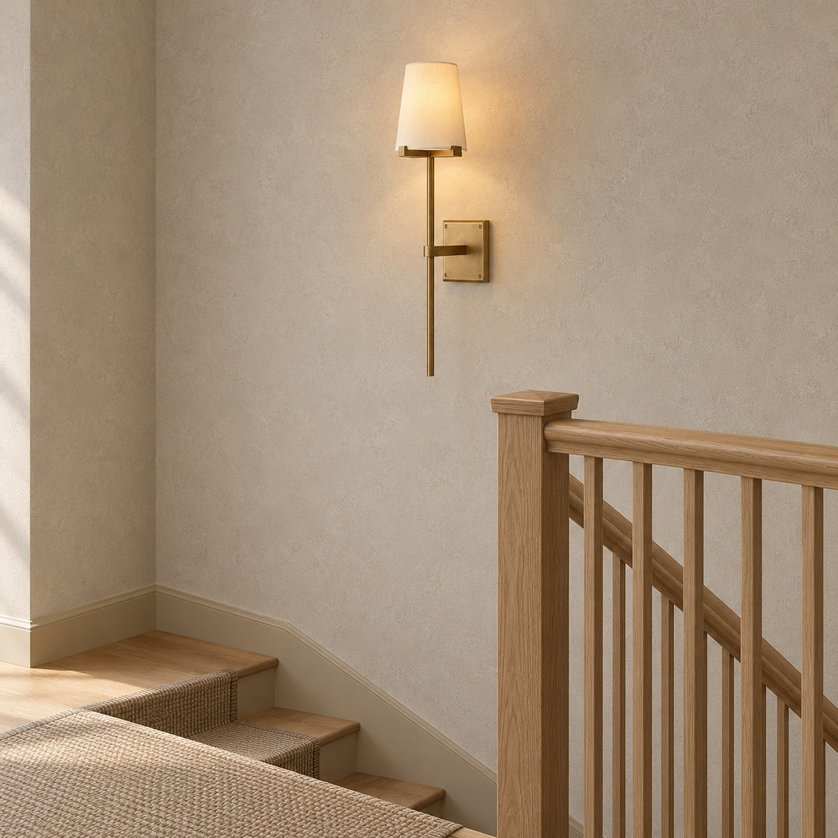 Savorel copper colored wall light on a stair landing, showing its shallow 16.5 cm projection from the wall