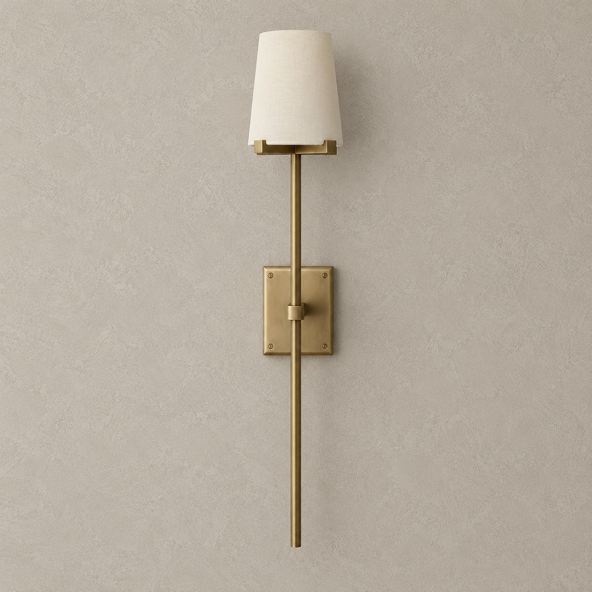 Savorel rechargeable wall sconce, copper colored, with a long stem and an unlit fabric shade