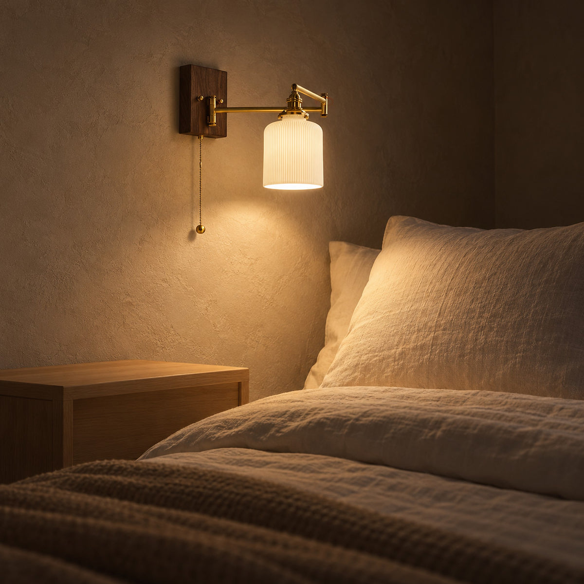 Selanvo gold and white bedside wall light glowing over a pillow and plaster wall at night