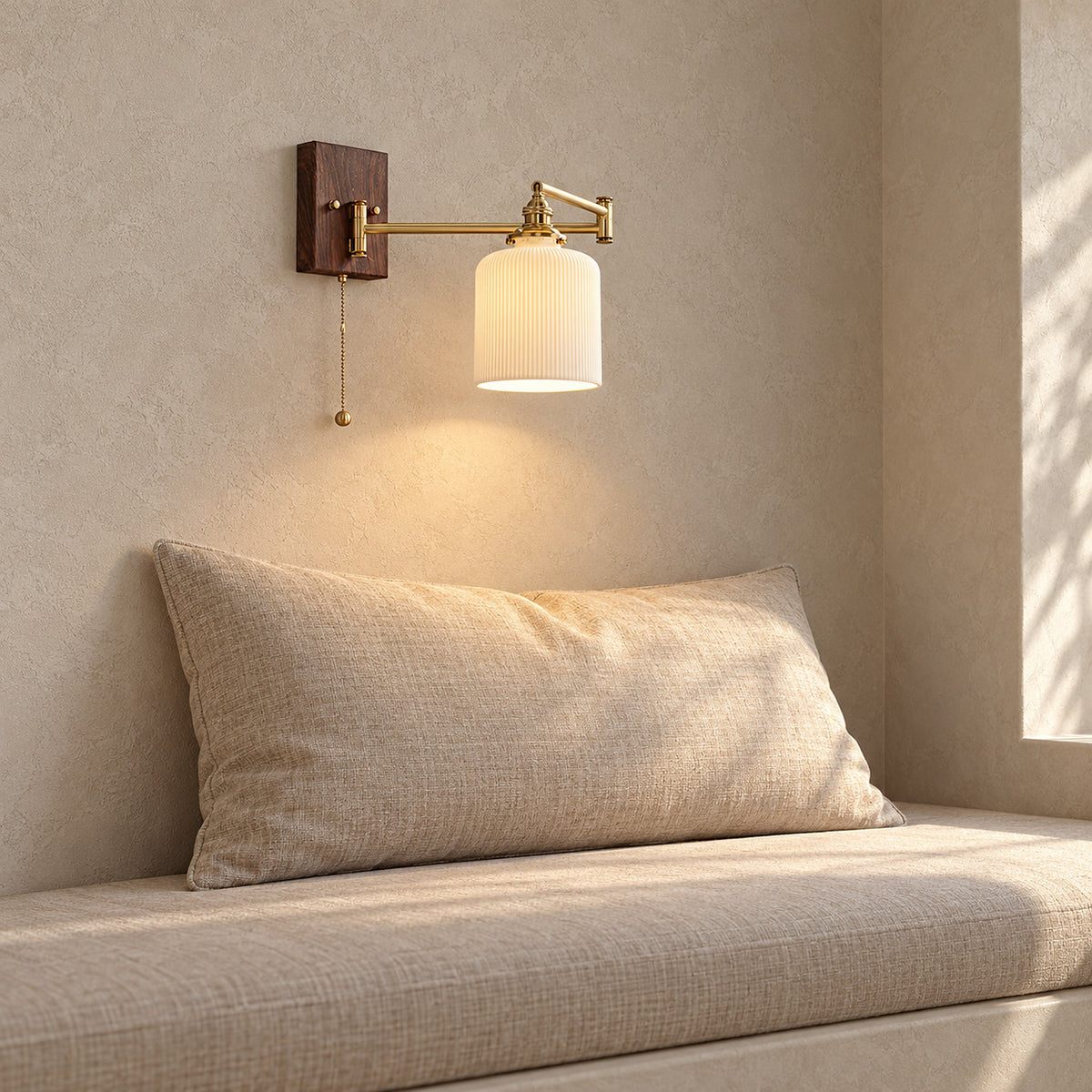 Selanvo gold and white plug in wall light with its ceramic shade casting light downward in a sleeping alcove