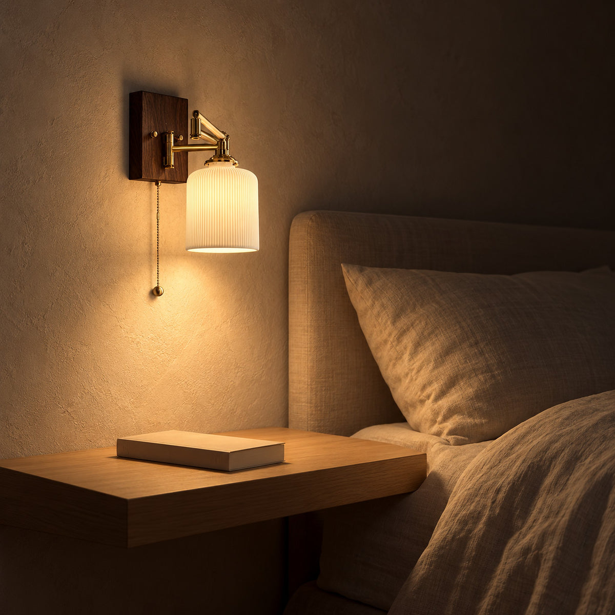 Selanvo gold and white wall lamp with its swing arm tucked back against the wall after night reading