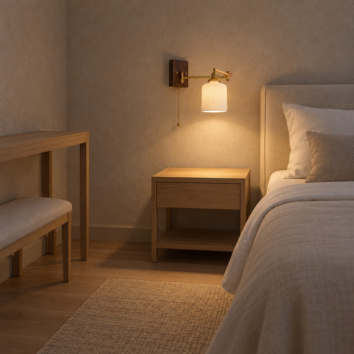 Selanvo gold and white wall sconce with ribbed cylinder shade lit above an empty wooden nightstand beside a bed