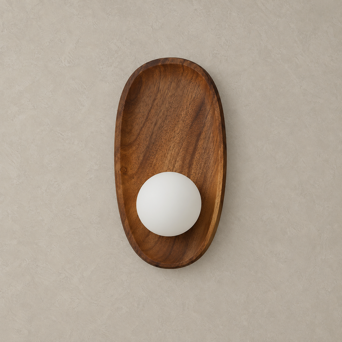 Selcavo walnut and white hardwired wall sconce switched off, wooden backplate with a frosted glass shade