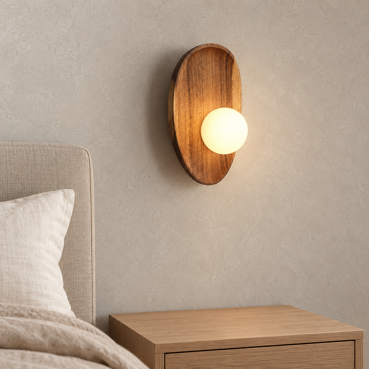 Selcavo walnut and white wall lamp glowing beside soft bedding in a bright bedroom