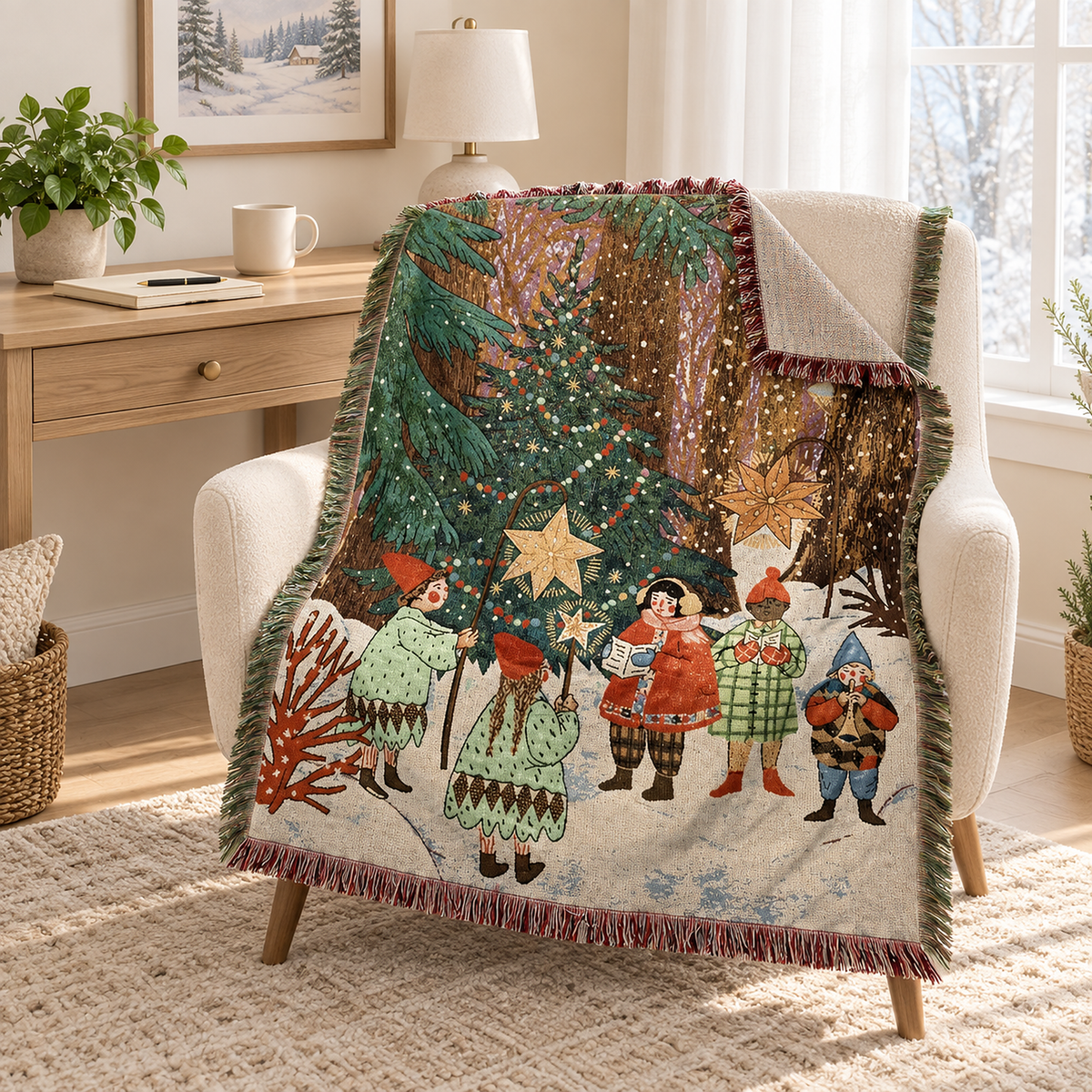 Selmavo festive woodland christmas throw blanket draped over a desk chair by a home office window