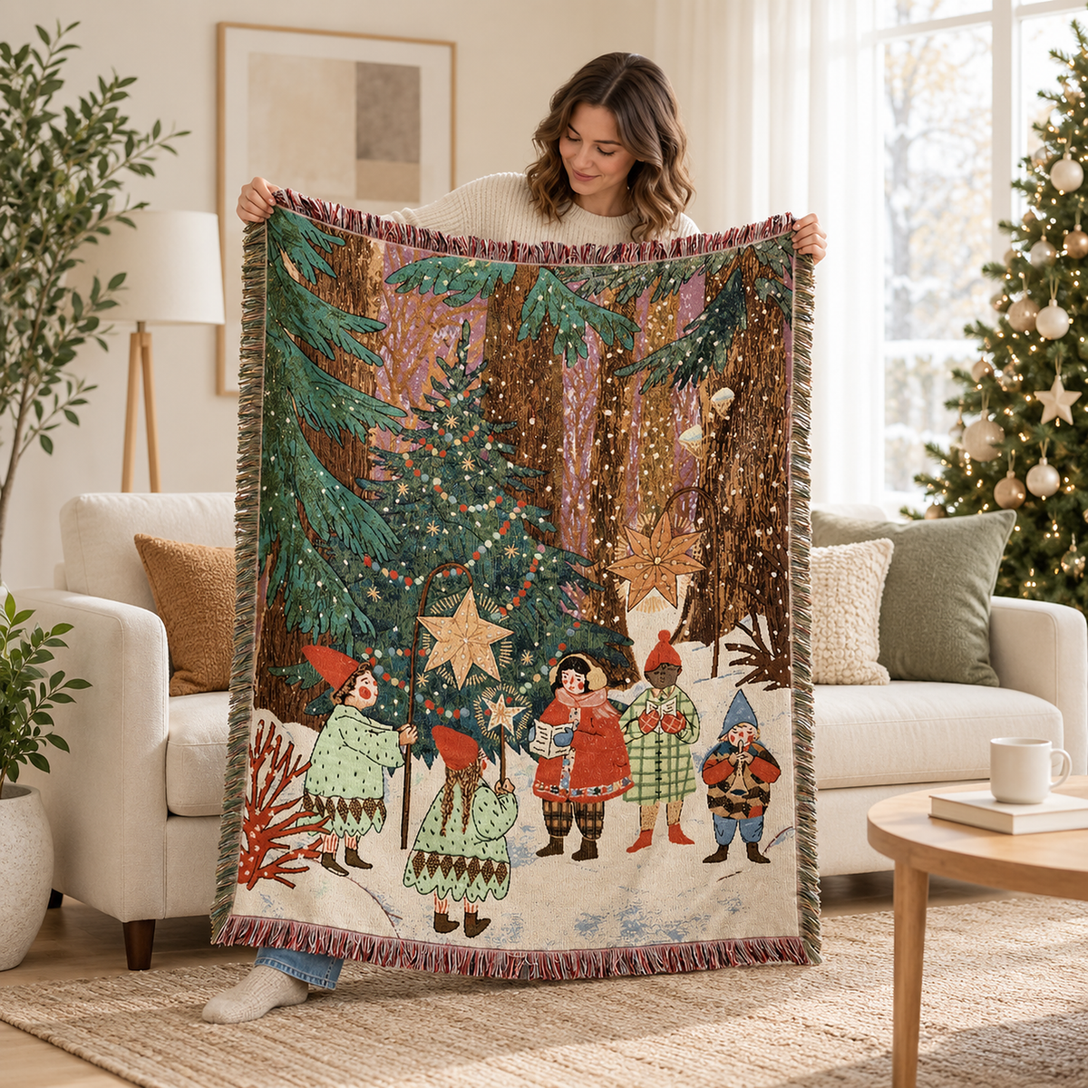 Selmavo festive woodland christmas throw blanket held open upright in the living room to show its size