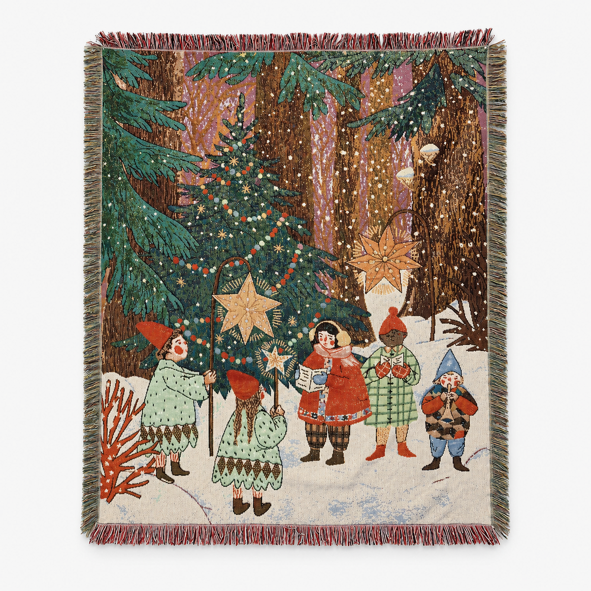 Selmavo festive woodland christmas throw blanket laid open to show the full yarn dyed winter pattern