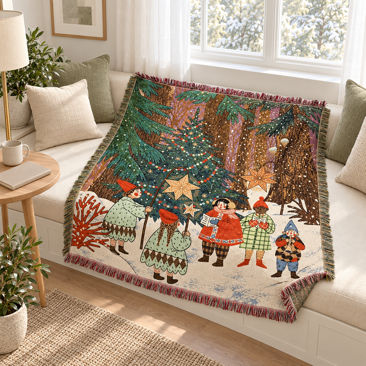Selmavo festive woodland christmas throw blanket on a sunroom window seat, deep green, red and ochre on snowy cream