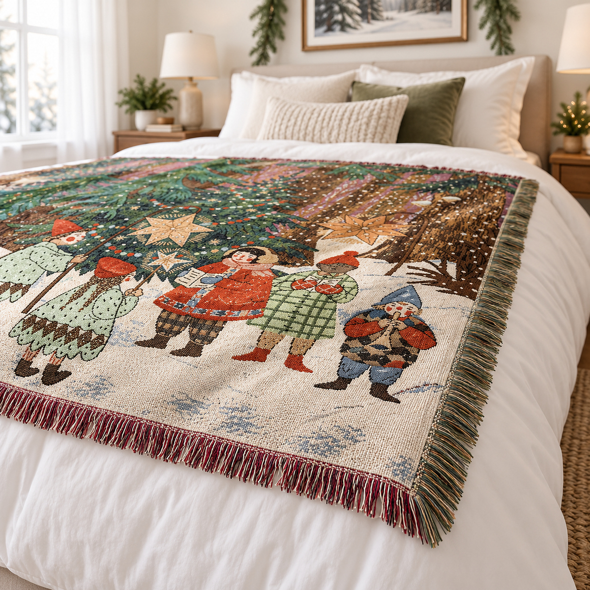 Selmavo festive woodland throw blanket corner showing the fringe that runs along all four sides