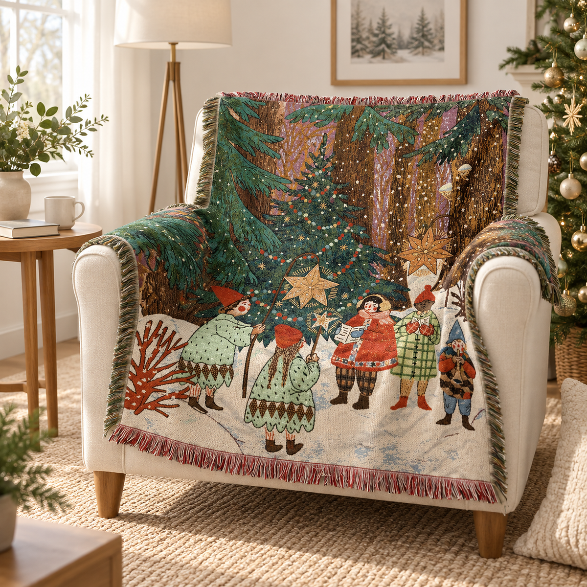 Selmavo festive woodland throw blanket draped over a reading armchair in a library corner