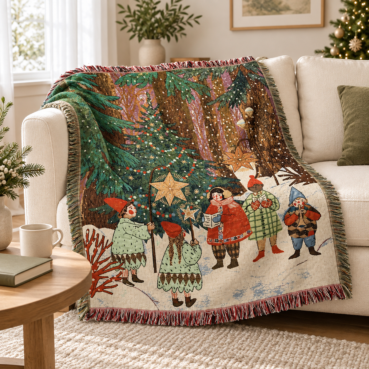 Selmavo festive woodland throw blanket for couch draped over sofa cushions in the living room