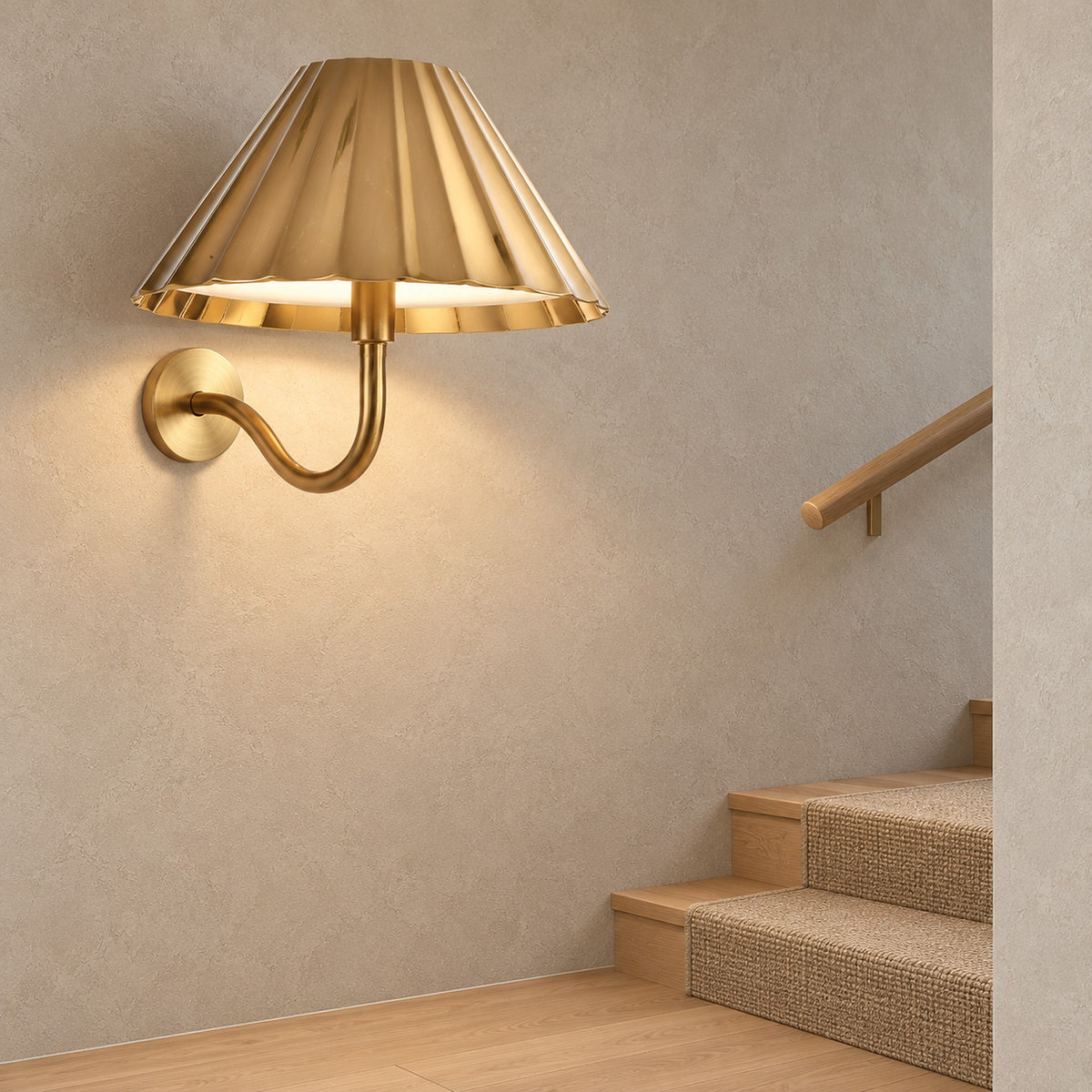 Selorna gold battery operated wall sconce lit beside the stairs on a daylit landing