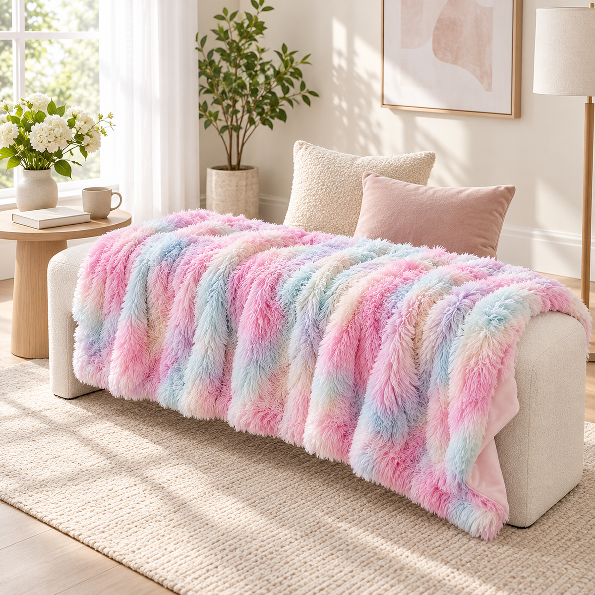 Selovan pastel multicolor knit throw blanket opened along an upholstered bench in a breakfast alcove