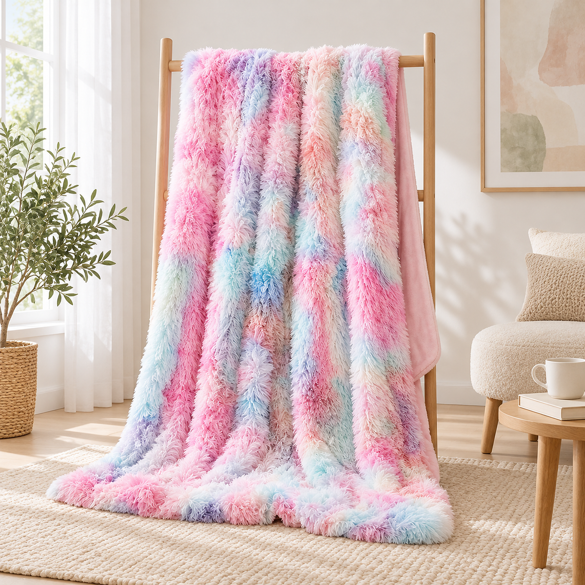 Selovan pastel multicolor knit throw blanket opened over a blanket rail in a landing sitting nook