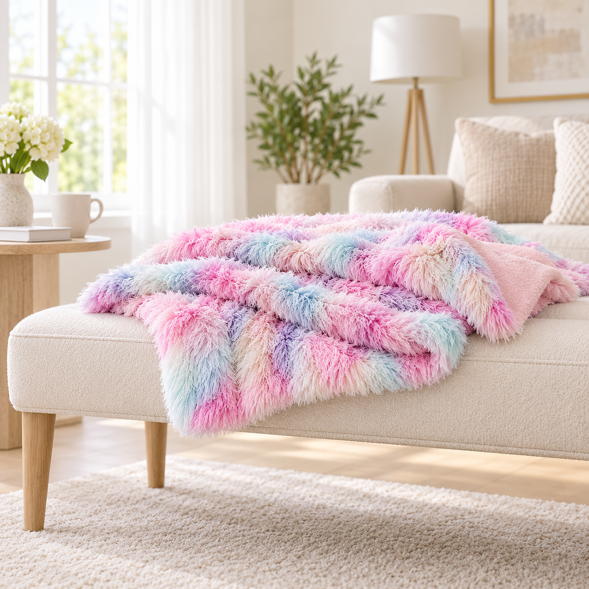 Selovan pastel multicolor soft throw blanket in knitted faux fur folded in an entry alcove
