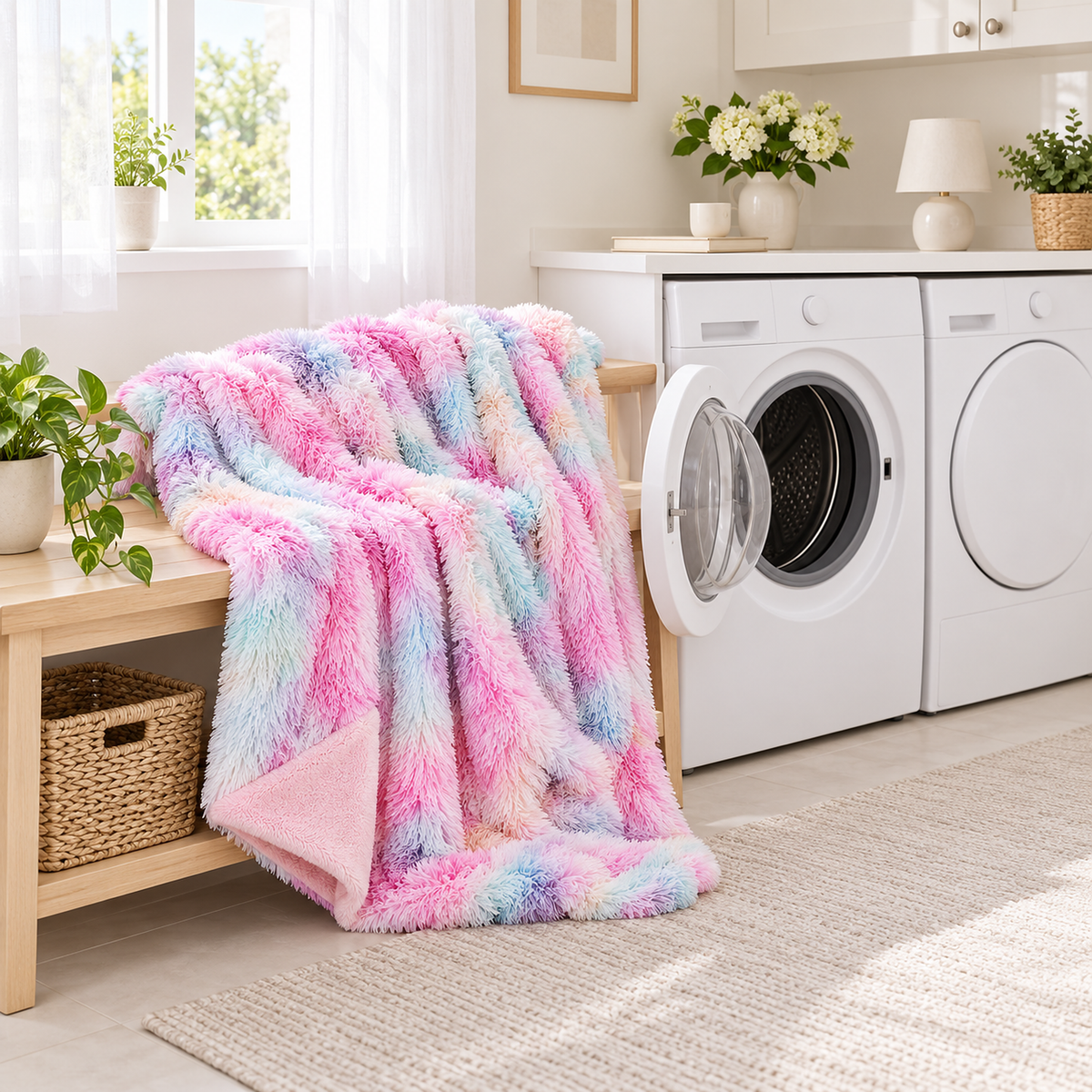 Selovan pastel multicolor soft throw blanket ready for a cold gentle wash beside a washer and tumble dryer