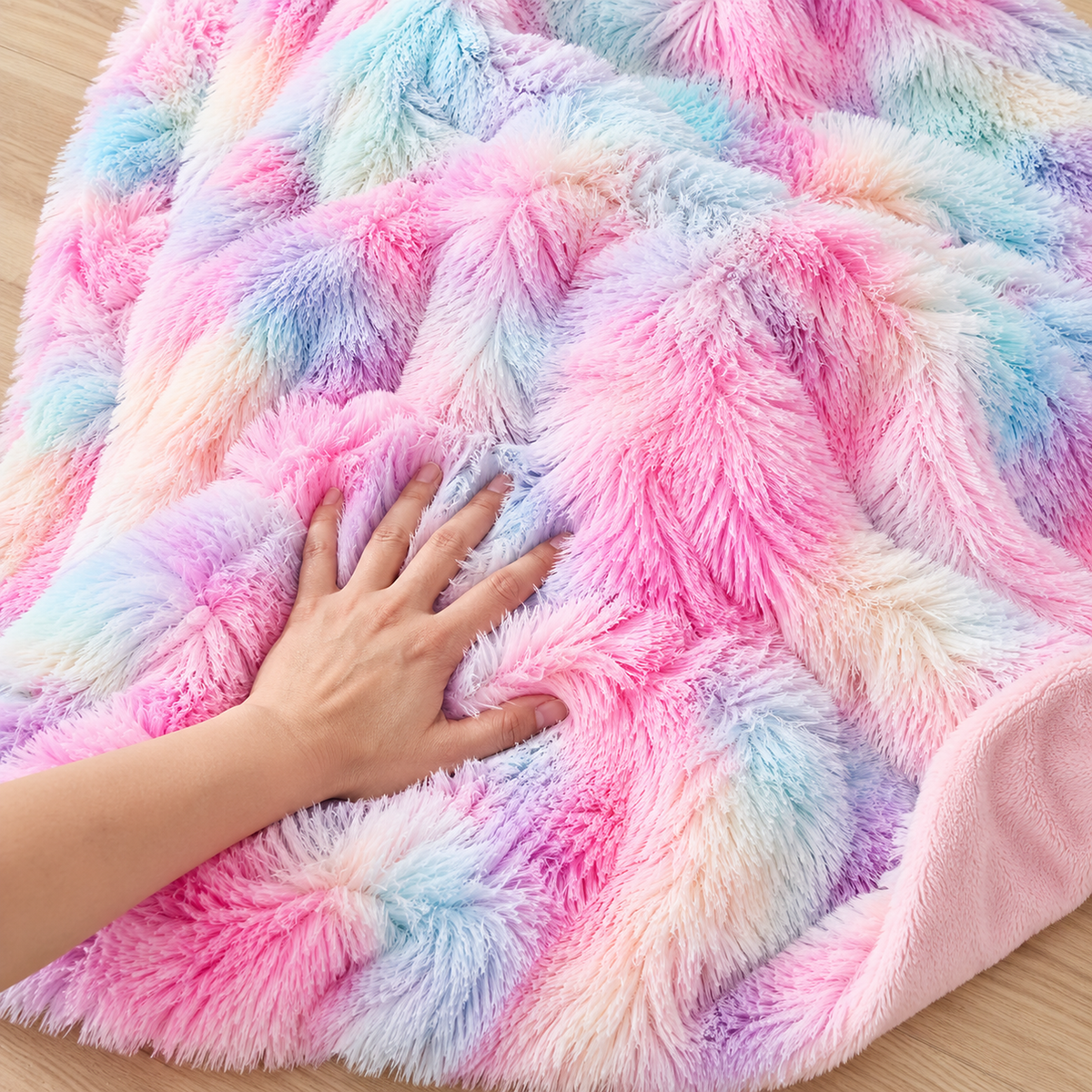 Selovan pastel multicolor soft throw blanket with an adult hand pressing into the long shaggy pile