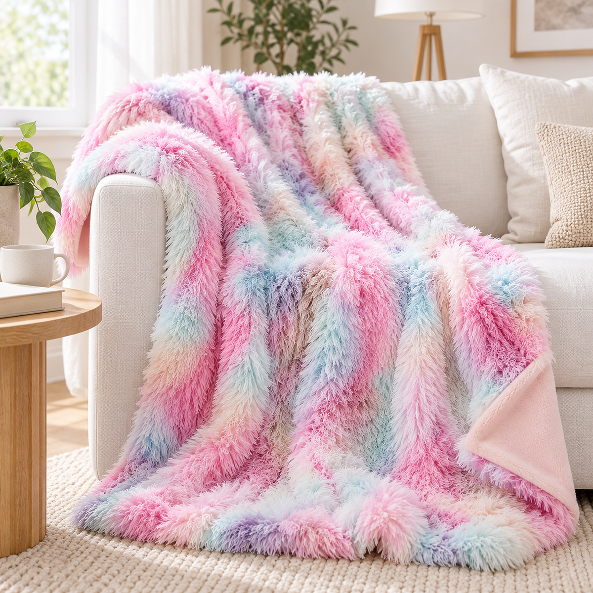 Selovan pastel multicolor throw blanket for couch draped over a sofa in a bright living room