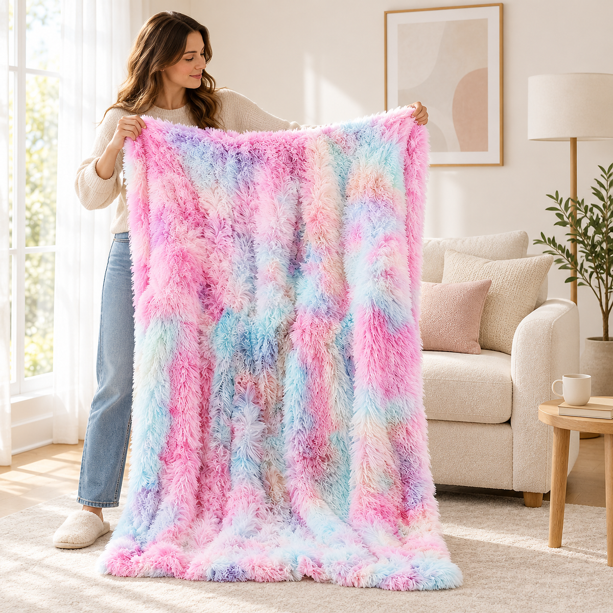 Selovan pastel multicolor throw blanket held fully open by a standing adult in a library sitting room