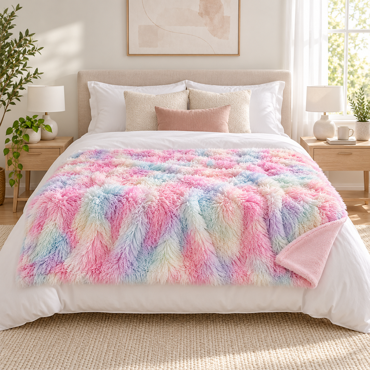 Selovan pastel multicolor throw blanket spread across the foot of a queen bed in a guest bedroom