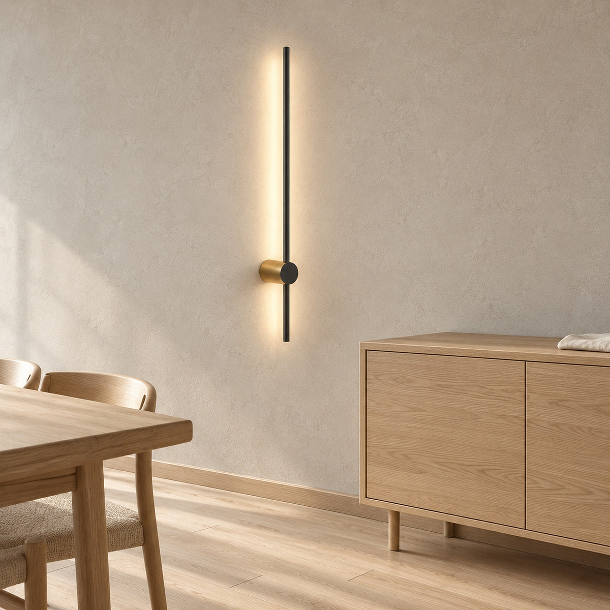 Semarlo black and gold hardwired wall sconce lit in a dining room, showing its clean wall connection