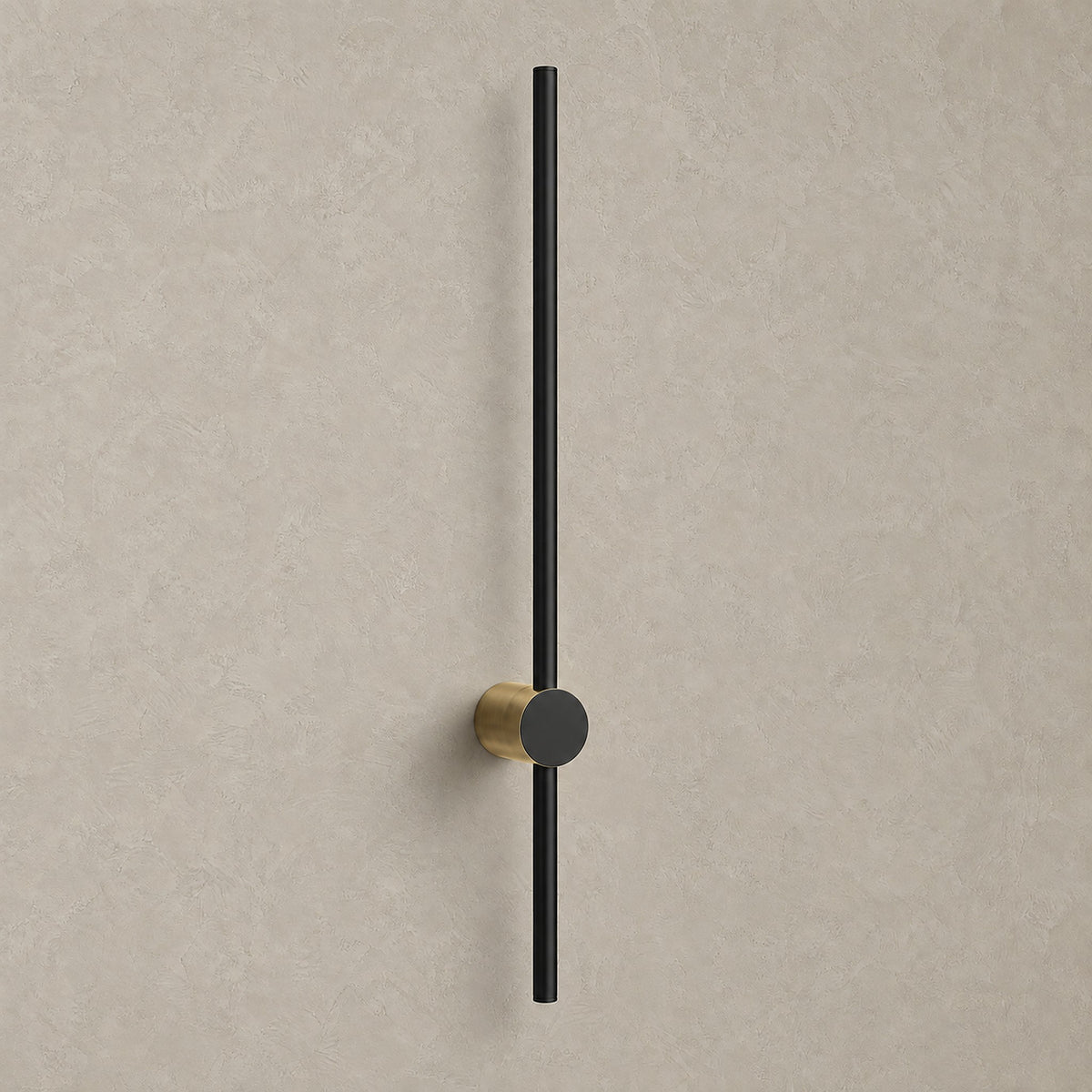 Semarlo black and gold hardwired led wall sconce shown unlit, a slim light bar on a circular base