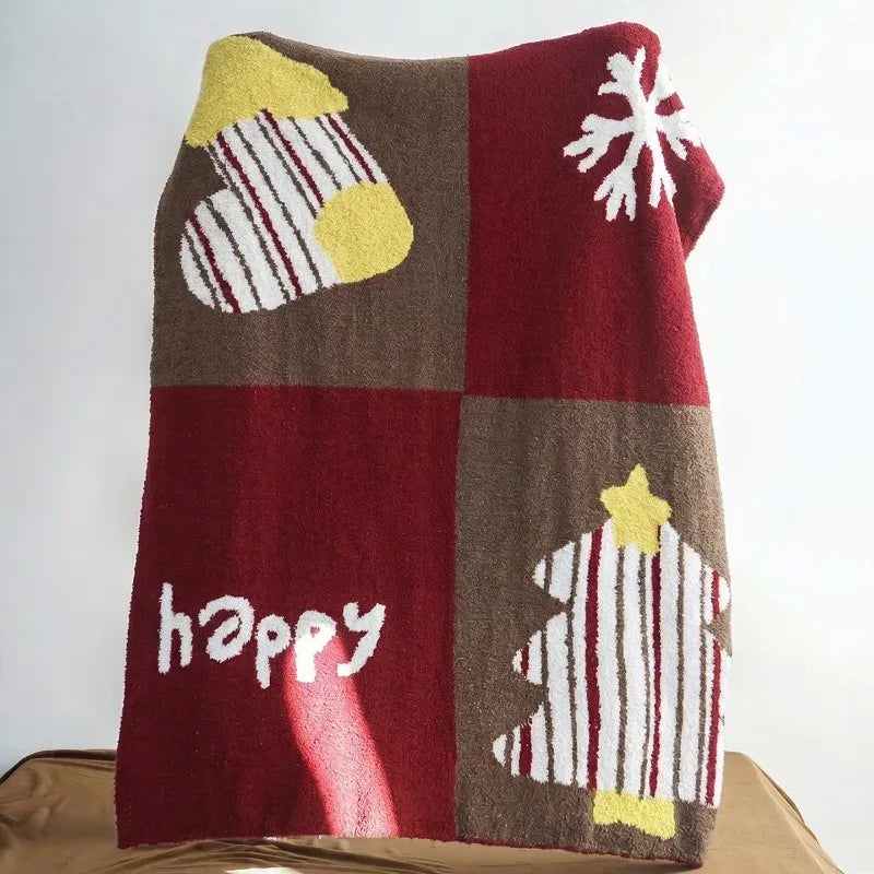 Senalio christmas fleece throw blanket draped upright over furniture, showing red and brown panels with festive motifs.