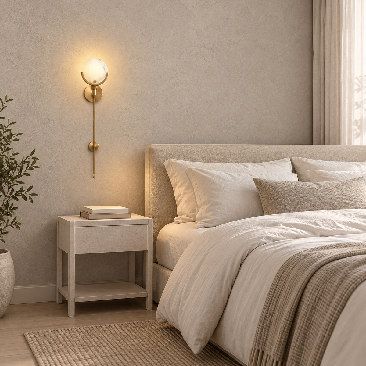 Serrinte brass bedside lamp lighting a bedroom from the wall, leaving the table free