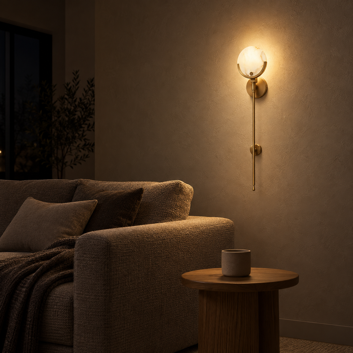 Serrinte brass wall sconce lit at night in an upstairs snug, light pooling in the corner by the sofa